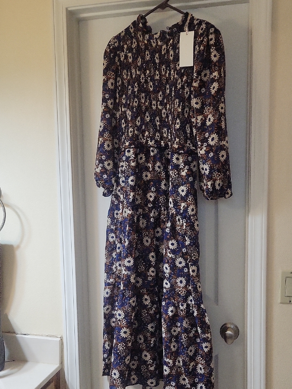 Floral Long Sleeve Smocked Maxi Dress - Navy